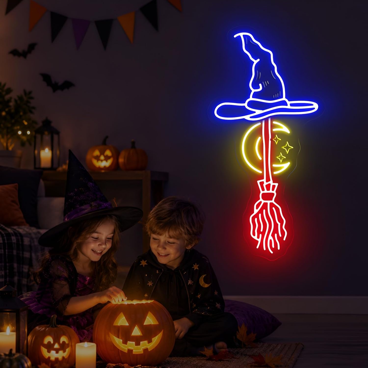 Witch Hat Broom Neon Sign Moon - đánh giá và giá Neon Sign Party